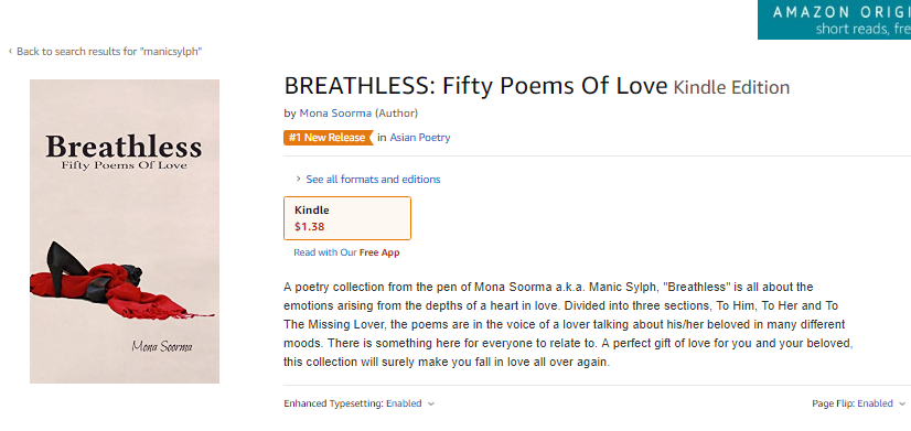 Screenshot of the book Breathless showing #1New Release tag on Amazon