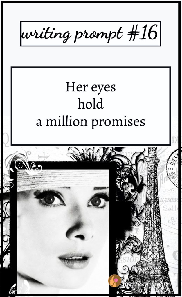 a woman in a photograph with Eiffel Tower and writing prompt written on it