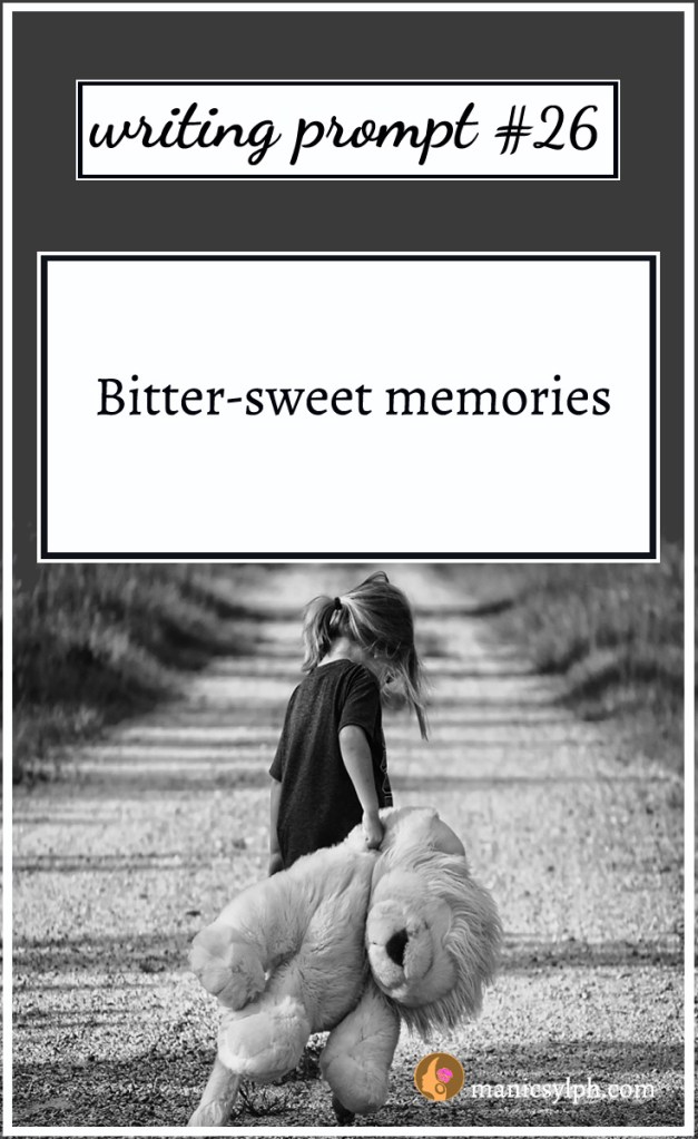 A child dragging a toy animal and writing prompt 26 written on it