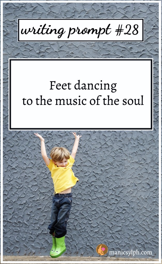 A little boy dancing happily and writing prompt 28 written on it