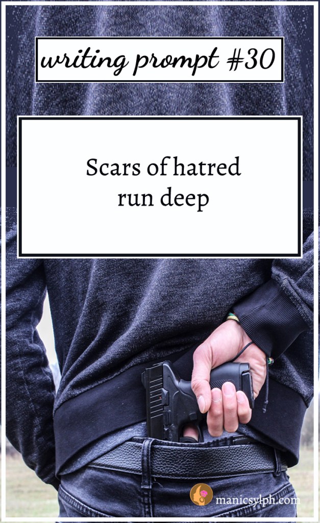 A man taking out a gun from his belt and writing prompt 30 written on it