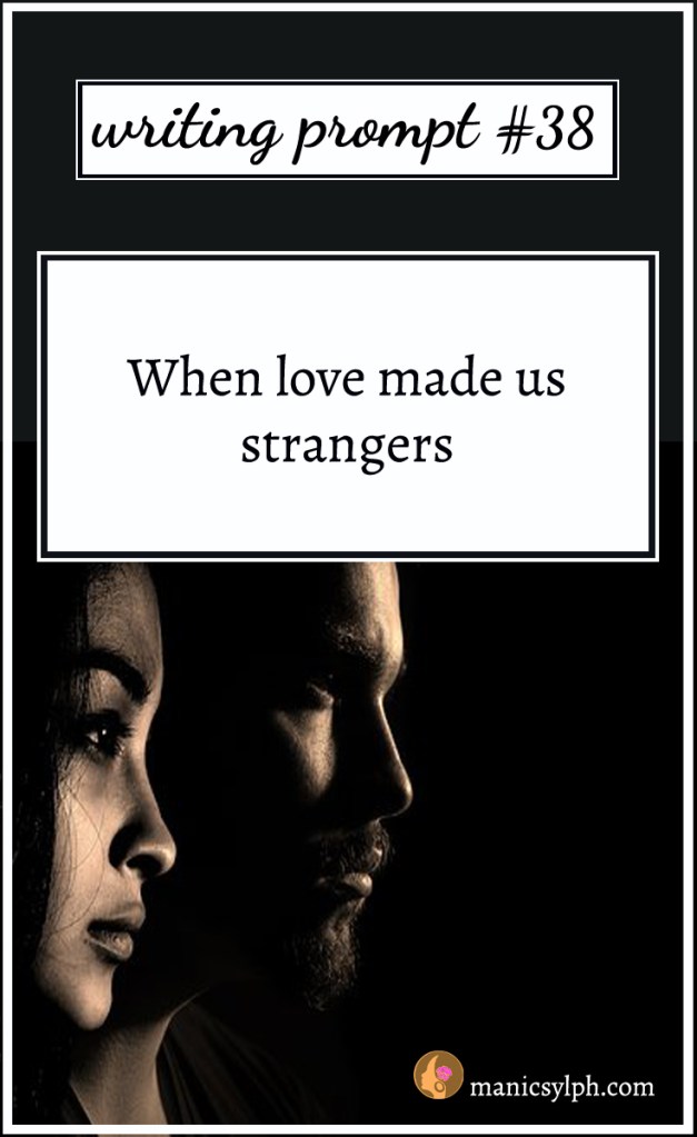 Sad man and woman and writing prompt 38 written on it