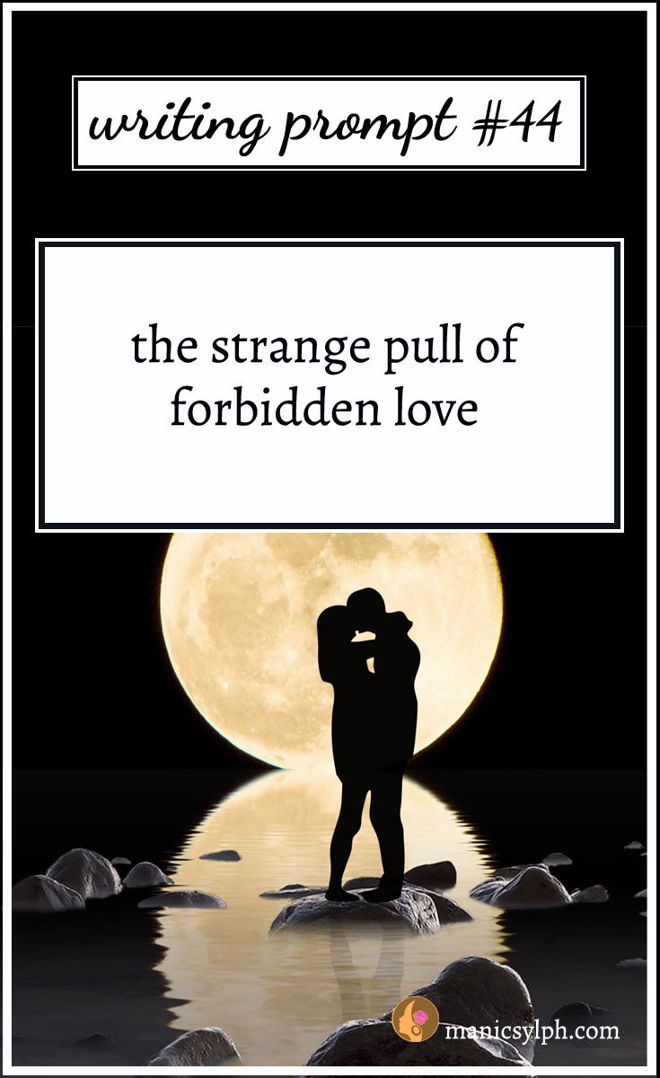 A couple against the full moon and writing prompt 44 written on it