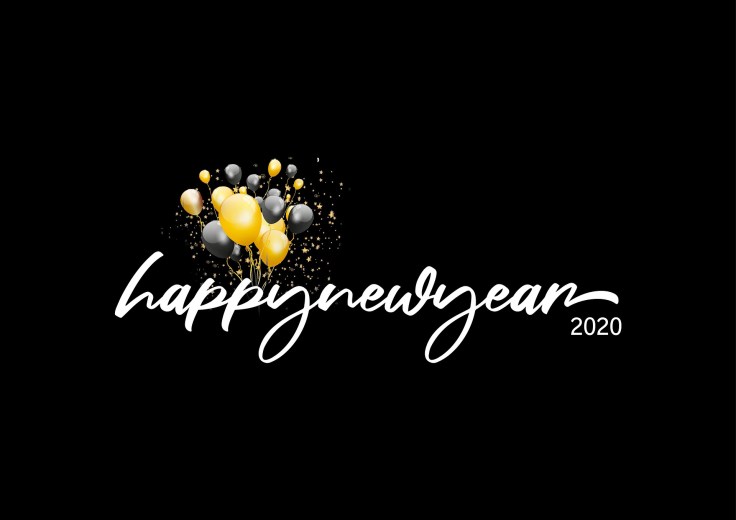Balloons on black background with Happy New Year 2020 written on it