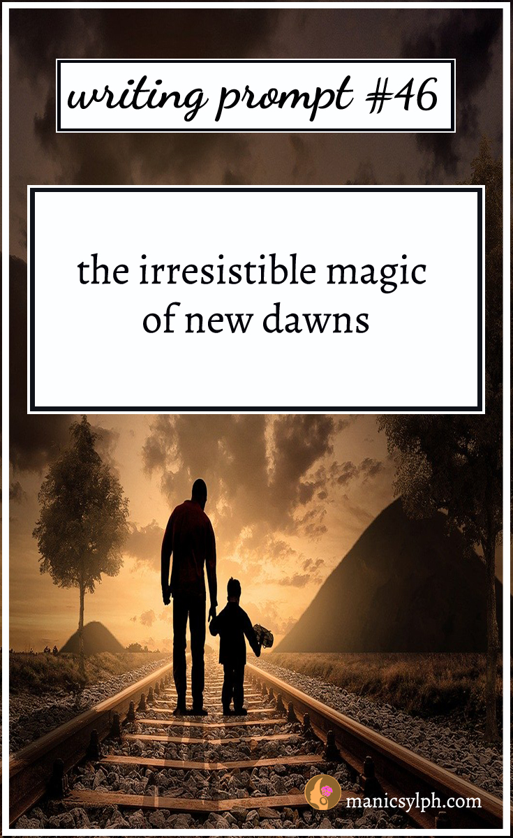 A man walking with a small boy and writing prompt 46 written on it