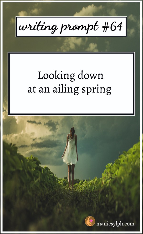 A woman looking down at the grass and writing prompt 64 written on it