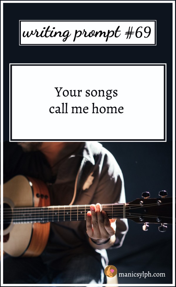 A man playing guitar and writing prompt 69 written on it