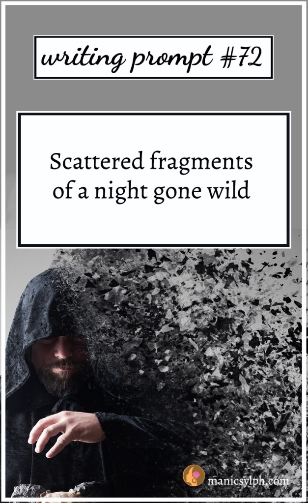 A man in a black fragmented cloak and writing prompt 72 written on it