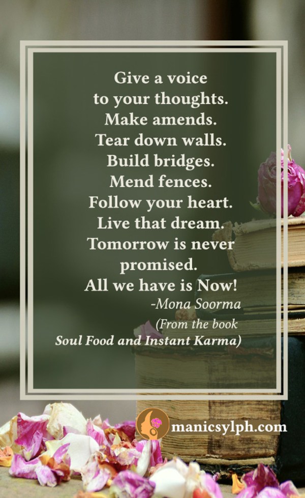 Do it now!- Quote from the book SOUL FOOD AND INSTANT KARMA by Mona Soorma