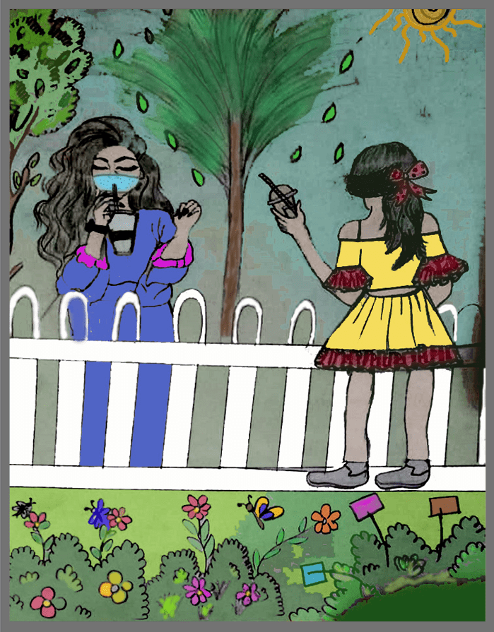 Two women standing across a fence