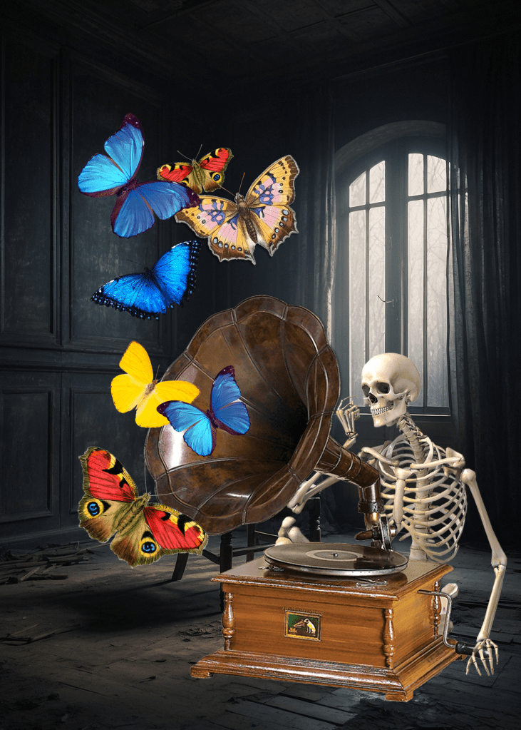 A skeleton listening to music