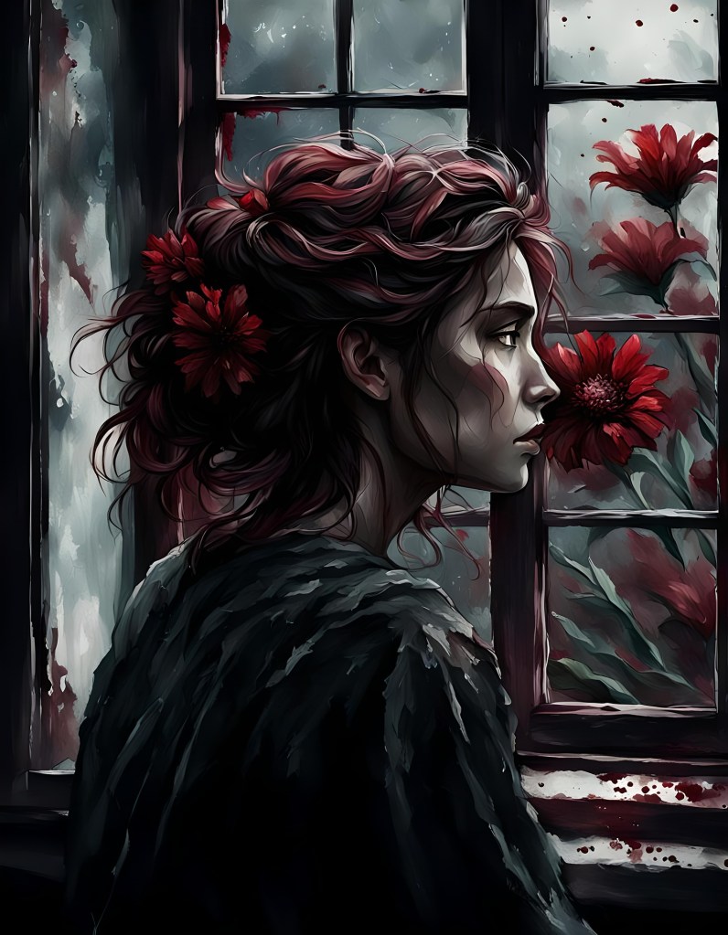 A sad woman standing at the window