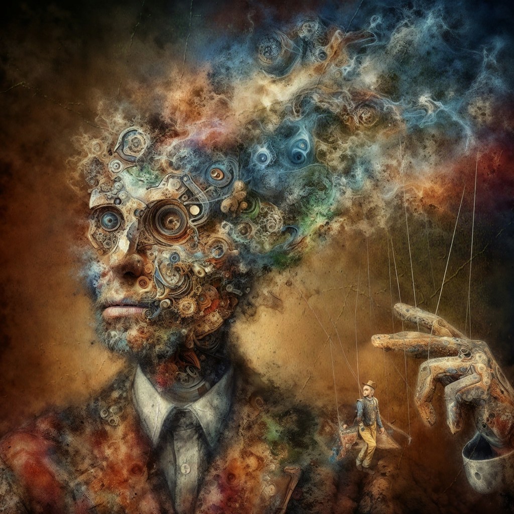 A man's mind being operated by the strings of a puppeteer