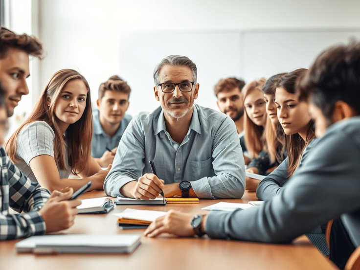 A male teacher discussing the subject with his grad class
