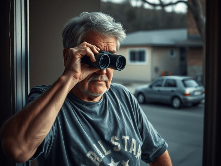 A man watching through his window with a binoculars