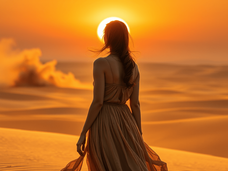 A woman staring into the desert sunrise