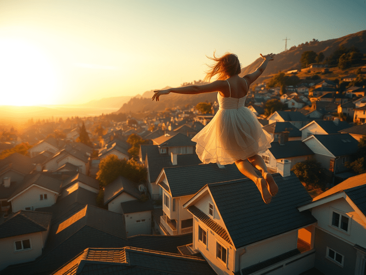 A woman flying over houses