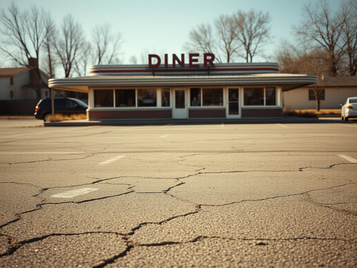 An old diner with an empty, dilapidated parking lot