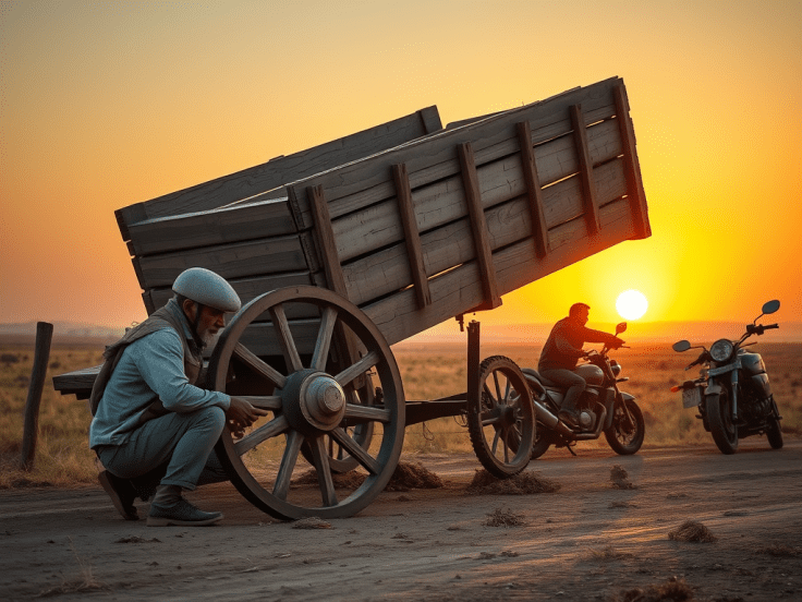  A dirt farmer is sitting beside his broken down wagon. A man on a bike is standing near him.