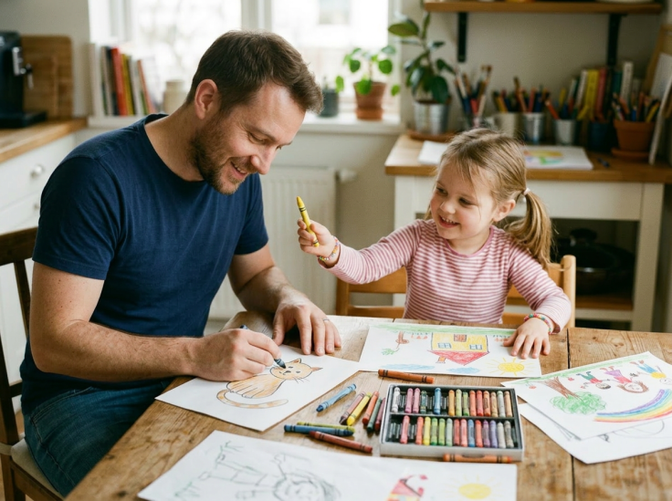 Father and daughter sitting at a table drawing with crayons