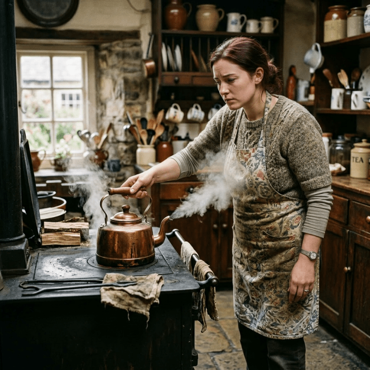 A woman in apron watching a copper kettle with steam rising in rustic kitchen