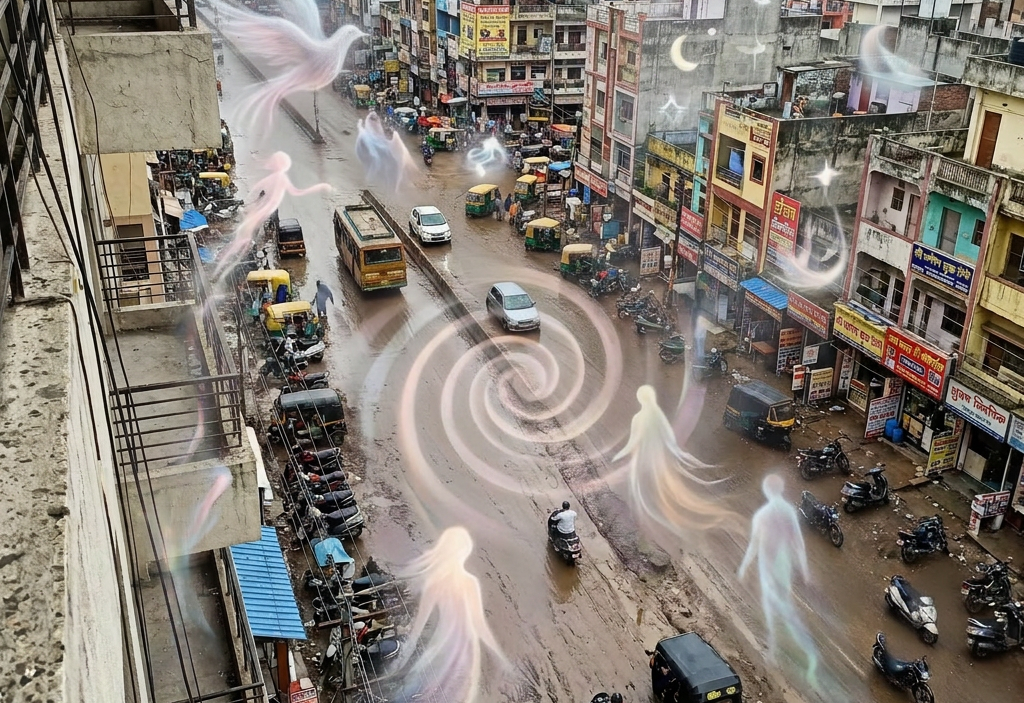Crowded muddy urban street with cars, auto rickshaws, motorcycles, and pedestrians near colorful buildings with dream figures walking among them