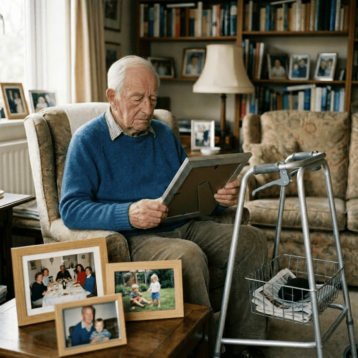 Elderly man holding a framed photo of his sons, surrounded by family photographs in a cozy living room