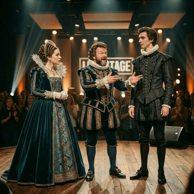 Three people on stage enacting a Shakespearean play