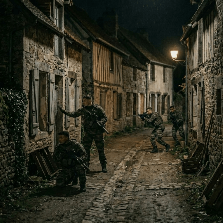 Four soldiers in camouflage uniforms walking through a narrow, cobblestone street lined with old stone buildings at night.