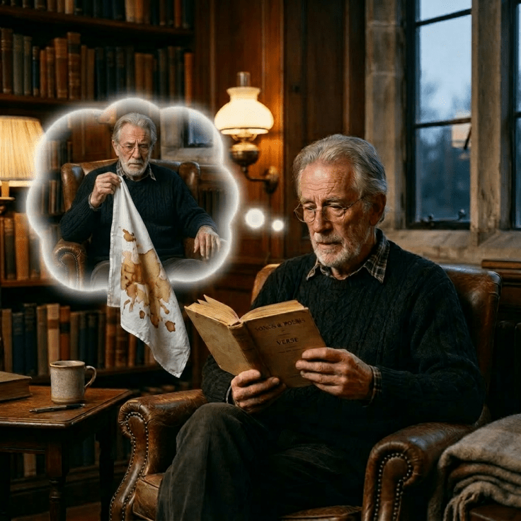 Elderly man reading a book with a thought bubble showing a bloodstained handkerchief