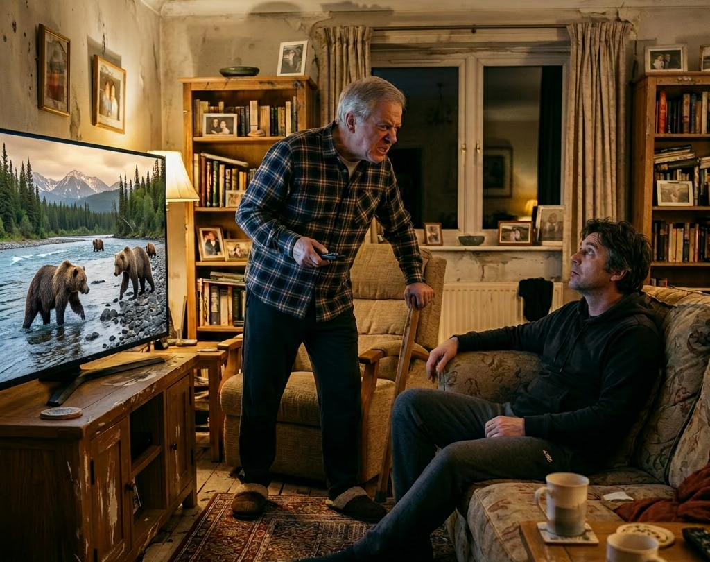 a father and son in a room