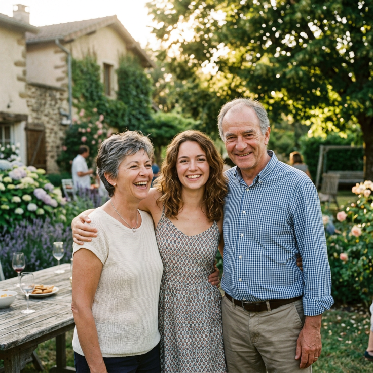 Three smiling family members posing outdoors in a garden with greenery and flowers