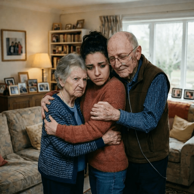 Young woman hugging elderly couple in living room
