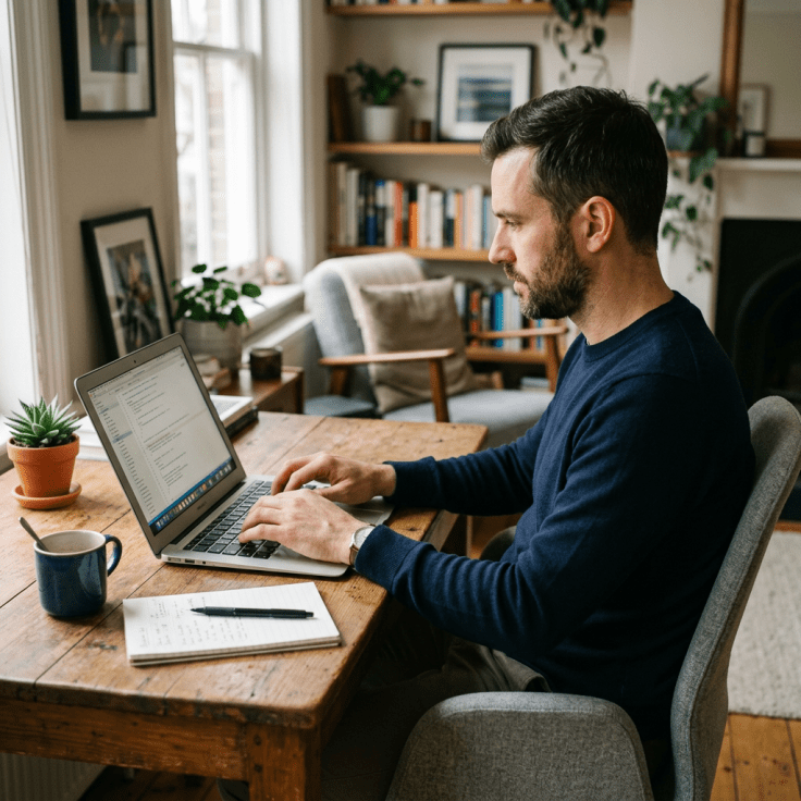 Man typing writing an application on his laptop at a wooden desk