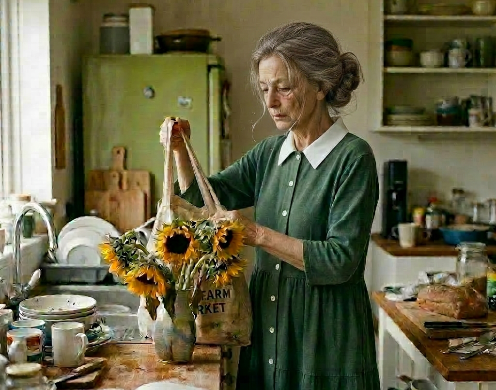 Woman arranging sunflowers in a vase on a kitchen counter with dishes and bread nearby