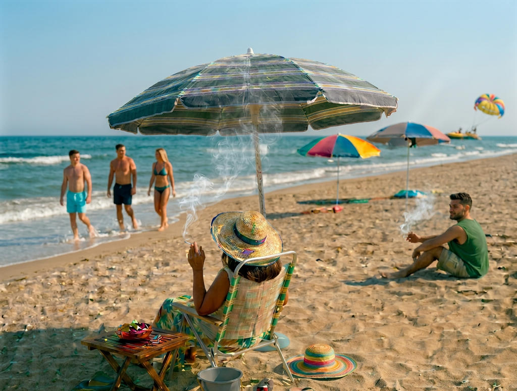 A Greek woman is sitting on the beach and smoking. A man is sitting on the sand near her