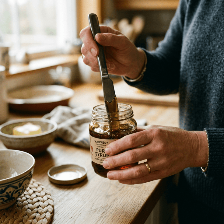 Hands holding a jar of pure syrup and scraping syrup with a butter knife in a kitchen